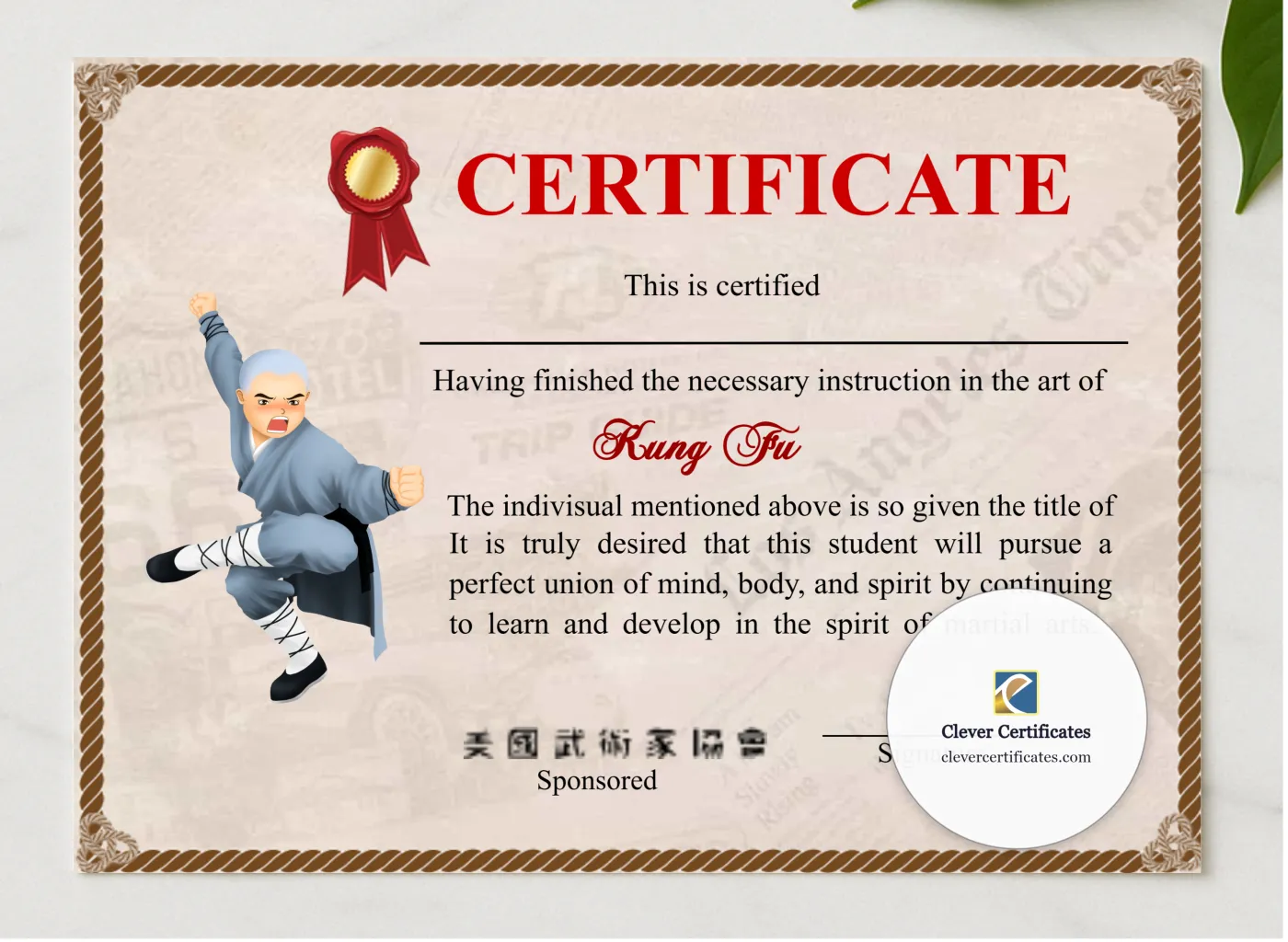 Professional Shaolin Kung Fu Crtificate presented in a sleek wooden frame, elegantly arranged on a stylish table.