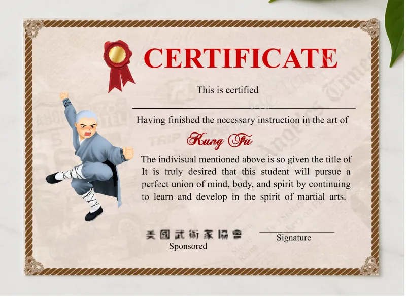 Professional Shaolin Kung Fu Crtificate presented in a sleek wooden frame, elegantly arranged on a stylish table.