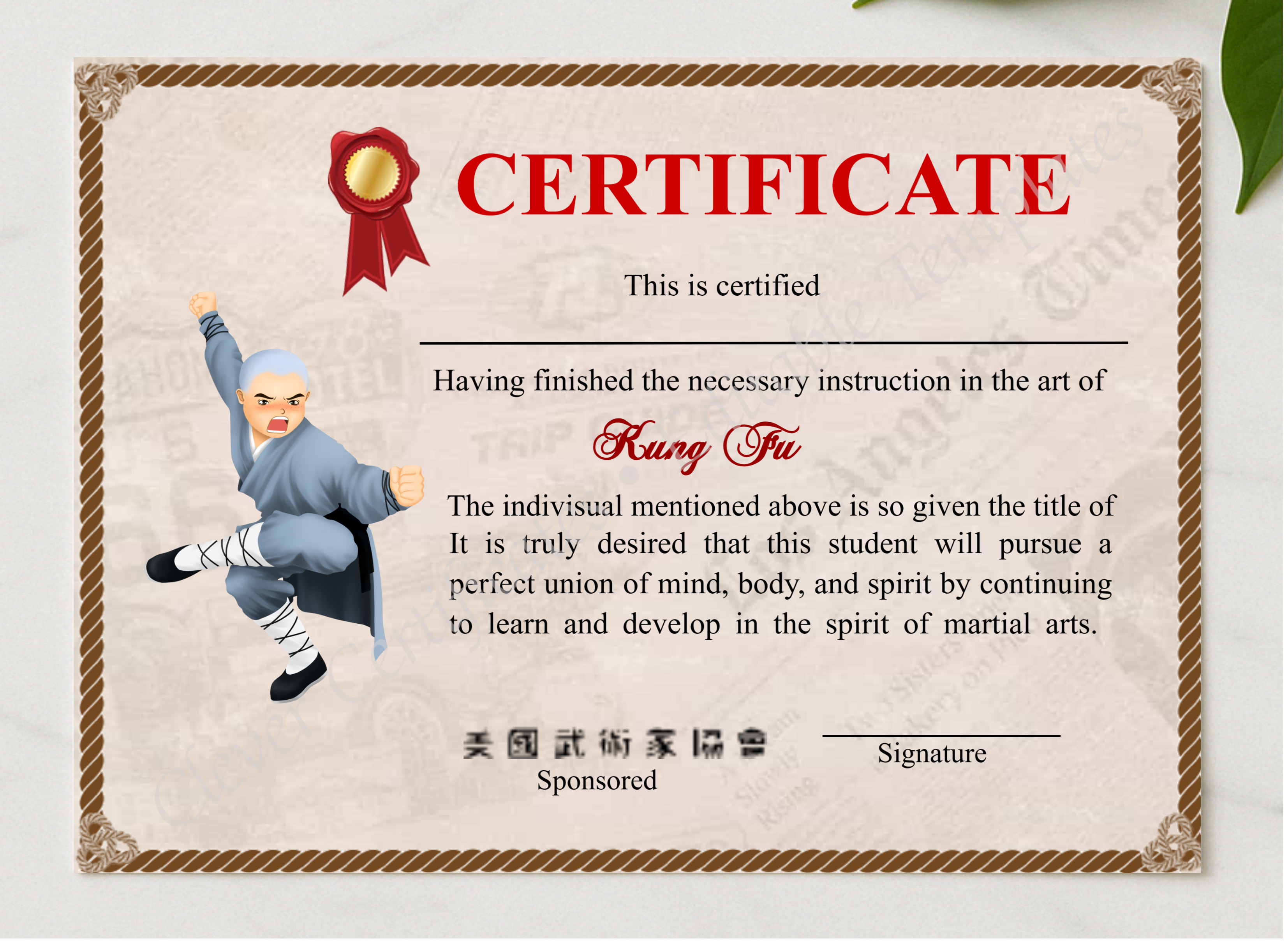 Professional Shaolin Kung Fu Crtificate presented in a sleek wooden frame, elegantly arranged on a stylish table.