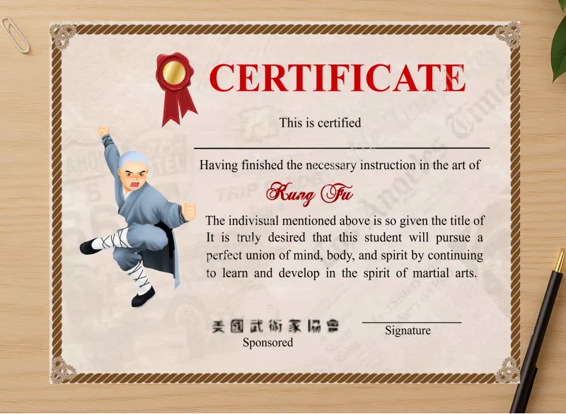 Professional preview of Professional Shaolin Kung Fu Crtificate certificate on high-quality stationery paper, ideal for showcasing the final look.