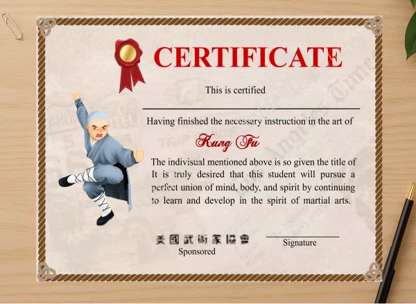 Professional preview of Professional Shaolin Kung Fu Crtificate certificate on high-quality stationery paper, ideal for showcasing the final look.