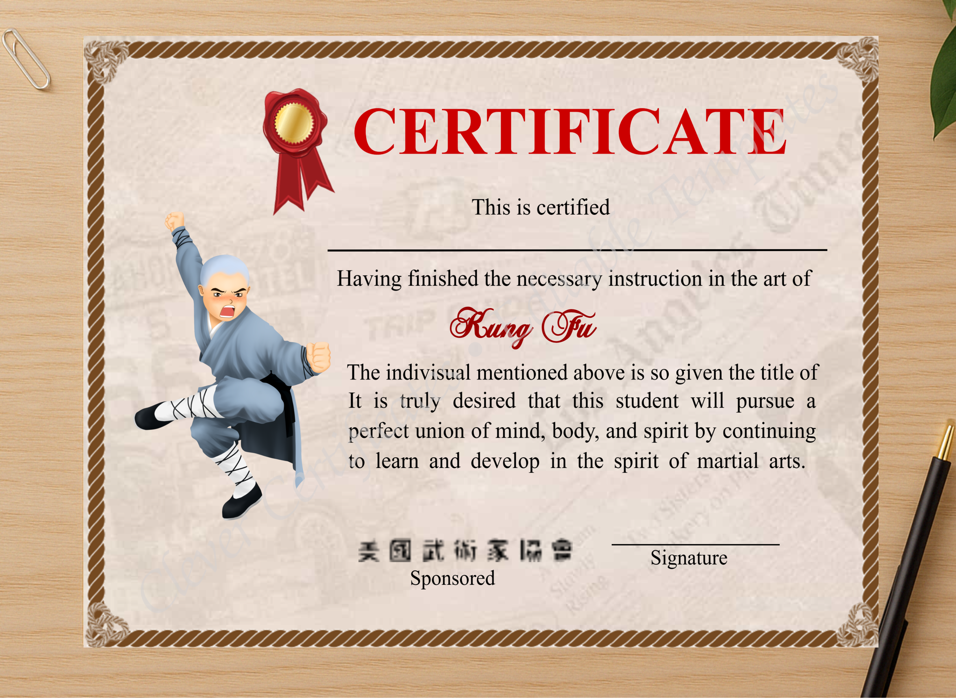 Professional preview of Professional Shaolin Kung Fu Crtificate certificate on high-quality stationery paper, ideal for showcasing the final look.