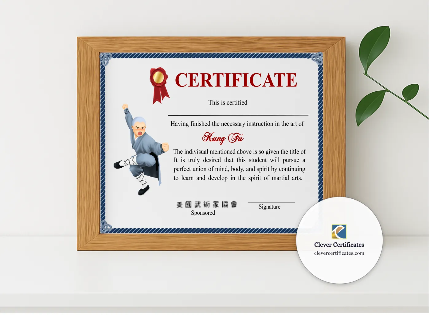 Realistic mockup featuring Elegant Shaolin Kung Fu Crtificate displayed within a modern frame, set against a minimalistic background.