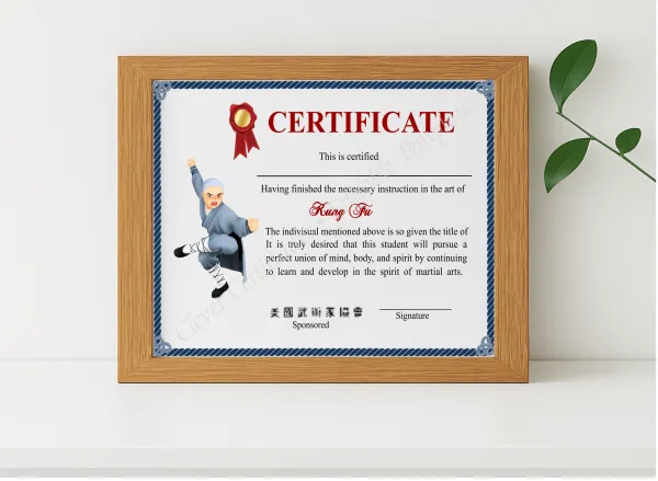 Realistic mockup featuring Elegant Shaolin Kung Fu Crtificate displayed within a modern frame, set against a minimalistic background.