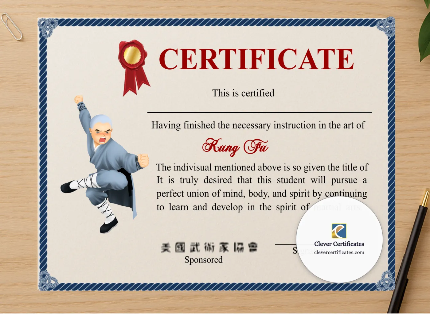 Professional preview of Elegant Shaolin Kung Fu Crtificate certificate on high-quality stationery paper, ideal for showcasing the final look.