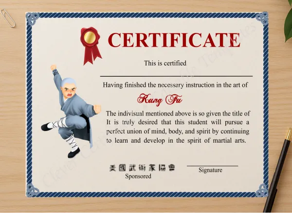 Professional preview of Elegant Shaolin Kung Fu Crtificate certificate on high-quality stationery paper, ideal for showcasing the final look.