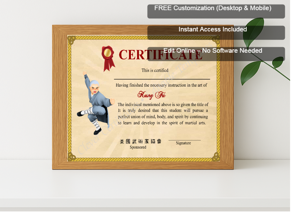 Premium mockup with Free Editor badge stack for Printable Shaolin Kung Fu Certificate