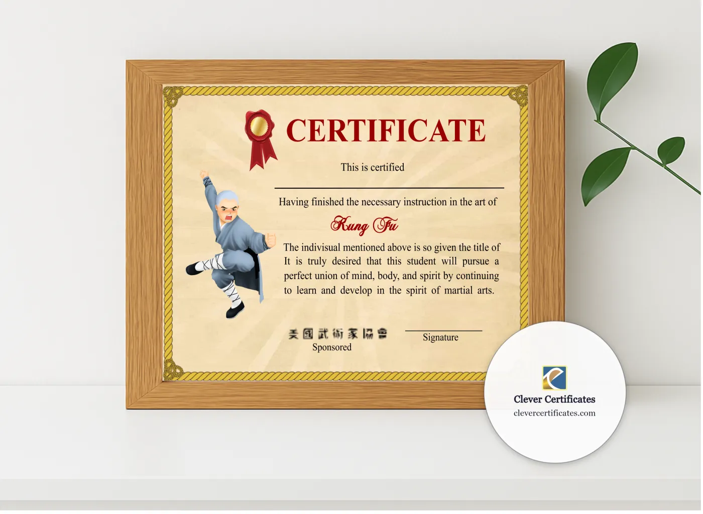 Realistic mockup featuring Printable Shaolin Kung Fu Certificate displayed within a modern frame, set against a minimalistic background.