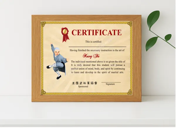 Realistic mockup featuring Printable Shaolin Kung Fu Certificate displayed within a modern frame, set against a minimalistic background.