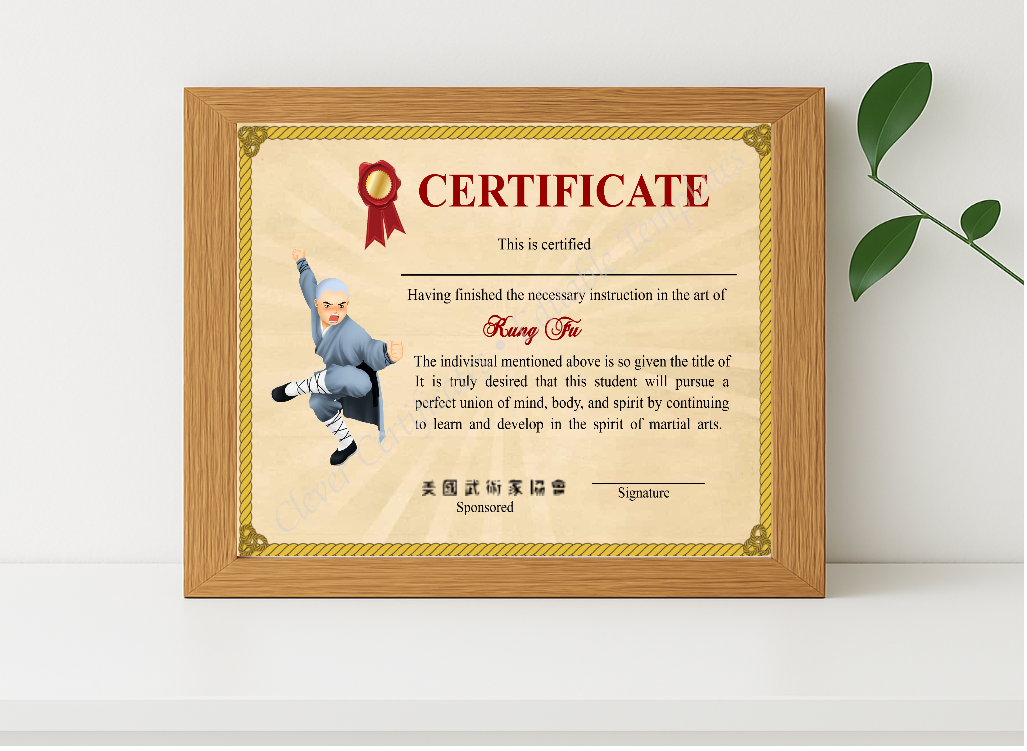 Realistic mockup featuring Printable Shaolin Kung Fu Certificate displayed within a modern frame, set against a minimalistic background.