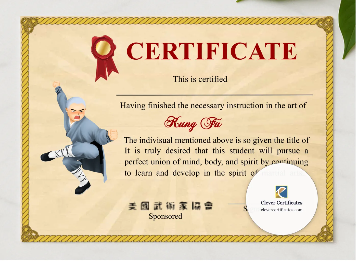 Printable Shaolin Kung Fu Certificate presented in a sleek wooden frame, elegantly arranged on a stylish table.