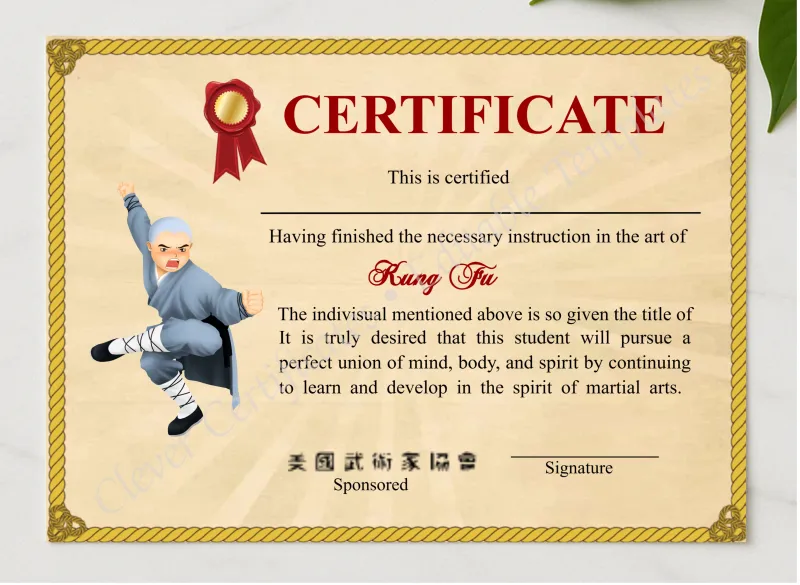 Printable Shaolin Kung Fu Certificate presented in a sleek wooden frame, elegantly arranged on a stylish table.