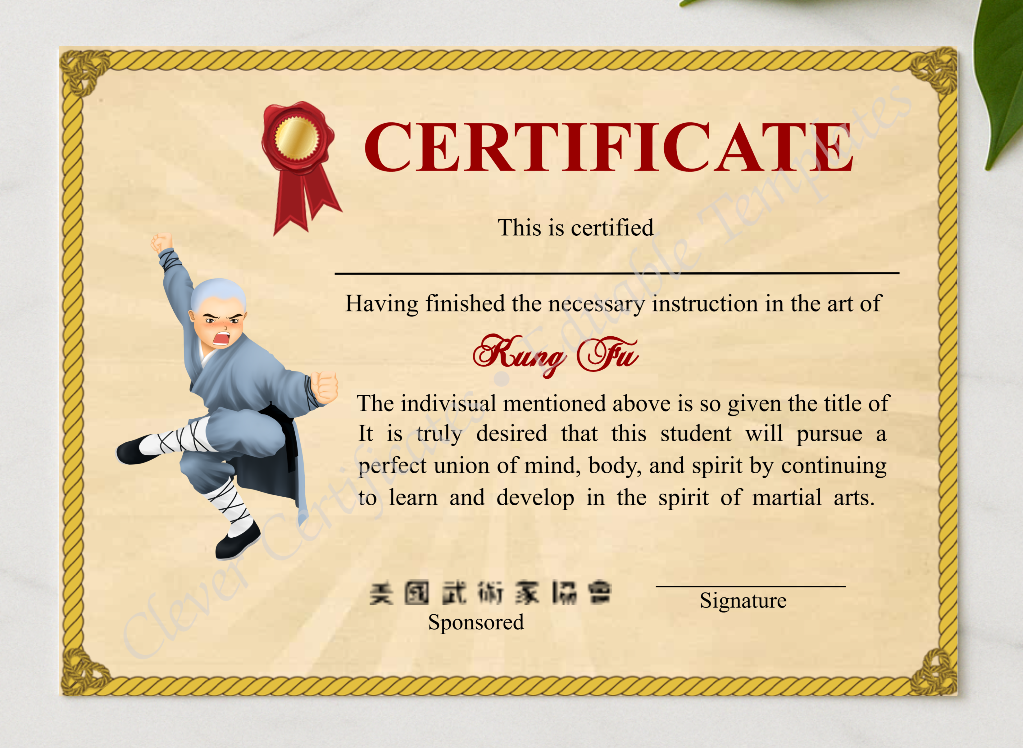 Printable Shaolin Kung Fu Certificate presented in a sleek wooden frame, elegantly arranged on a stylish table.