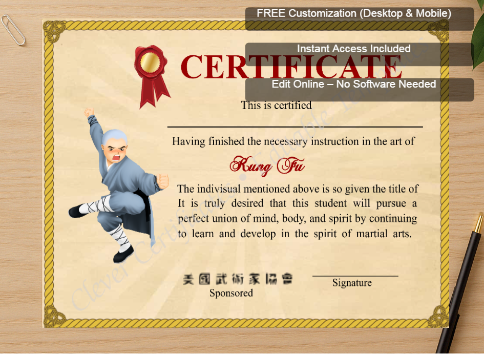 Zoomed preview with Free Editor badge stack for Printable Shaolin Kung Fu Certificate