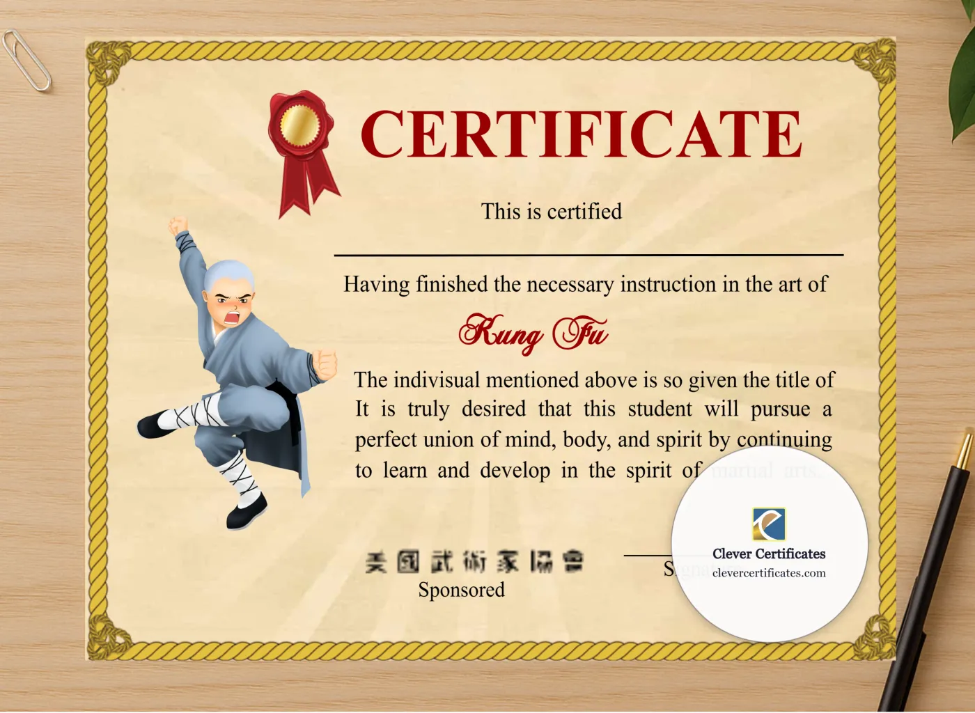 Professional preview of Printable Shaolin Kung Fu Certificate certificate on high-quality stationery paper, ideal for showcasing the final look.