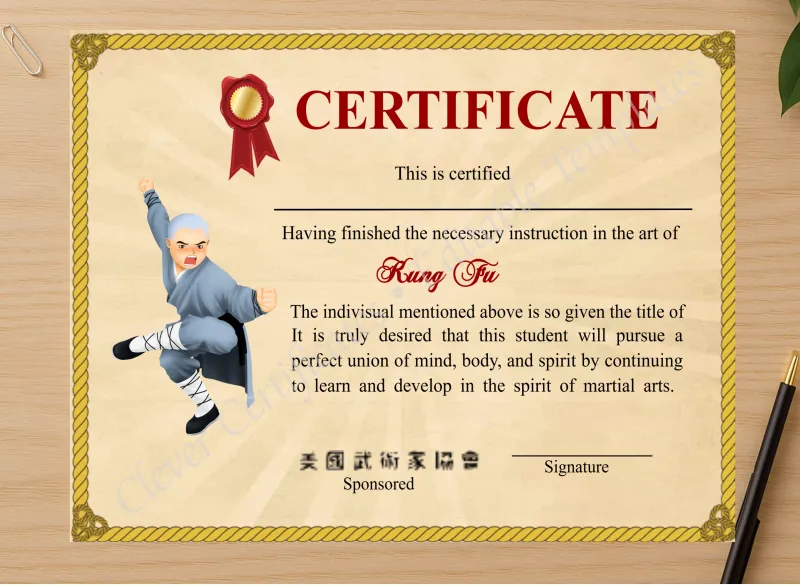 Professional preview of Printable Shaolin Kung Fu Certificate certificate on high-quality stationery paper, ideal for showcasing the final look.
