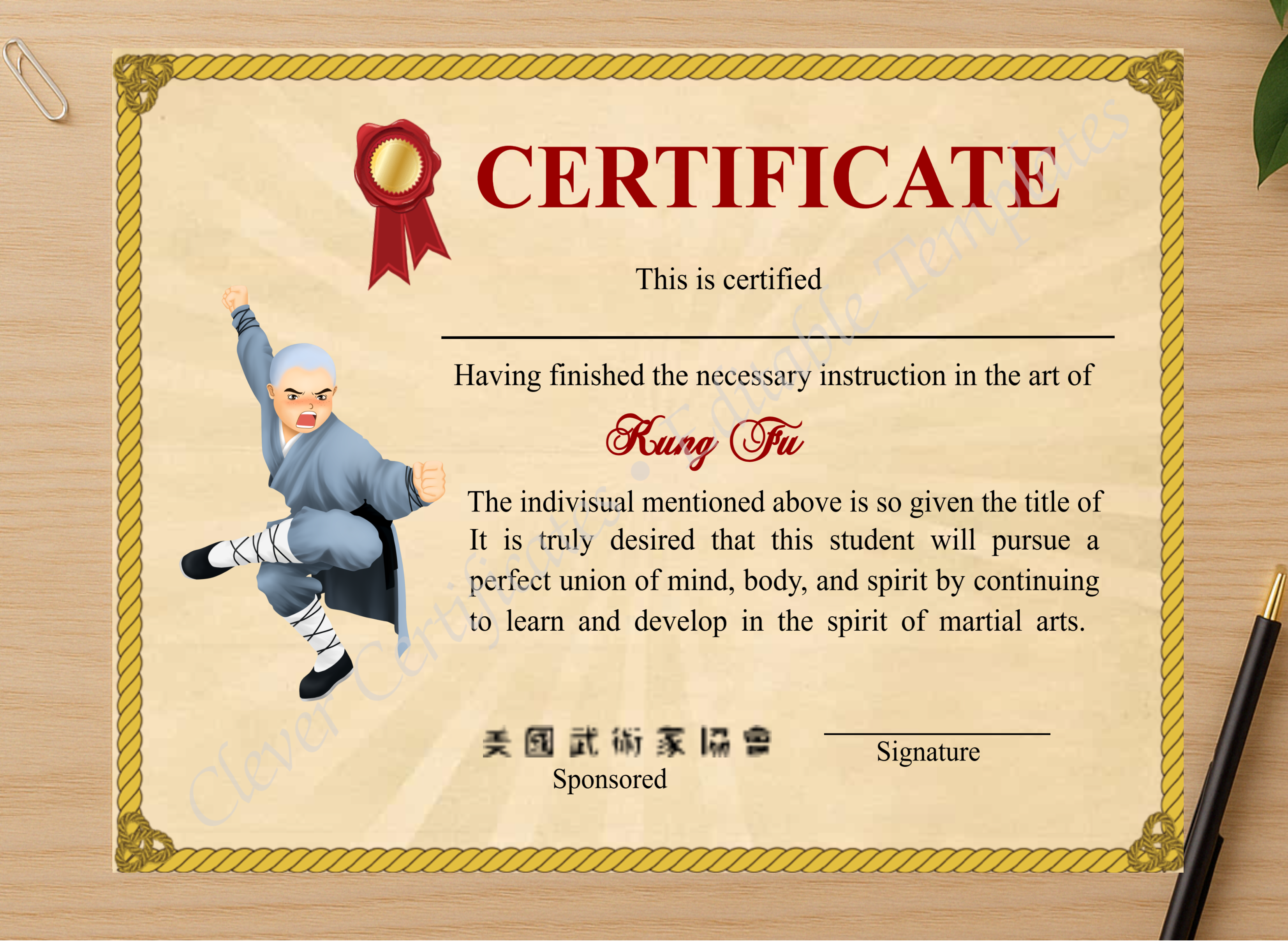 Professional preview of Printable Shaolin Kung Fu Certificate certificate on high-quality stationery paper, ideal for showcasing the final look.