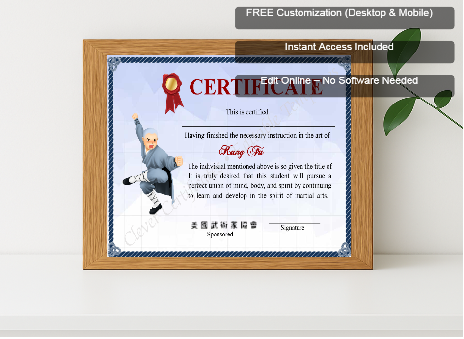Premium mockup with Free Editor badge stack for Customizable Shaolin Kung Fu Certificate