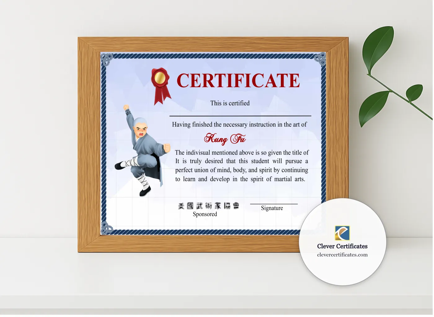Realistic mockup featuring Customizable Shaolin Kung Fu Certificate displayed within a modern frame, set against a minimalistic background.