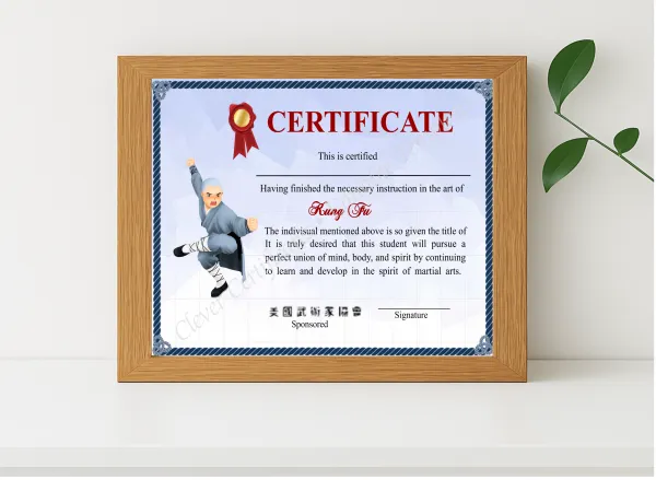 Realistic mockup featuring Customizable Shaolin Kung Fu Certificate displayed within a modern frame, set against a minimalistic background.