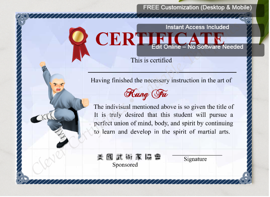 Framed preview featuring Free Editor badge stack for Customizable Shaolin Kung Fu Certificate