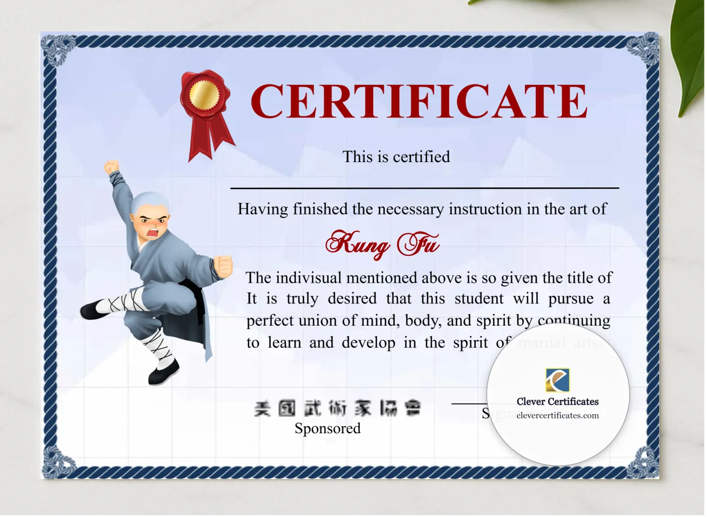 Customizable Shaolin Kung Fu Certificate presented in a sleek wooden frame, elegantly arranged on a stylish table.