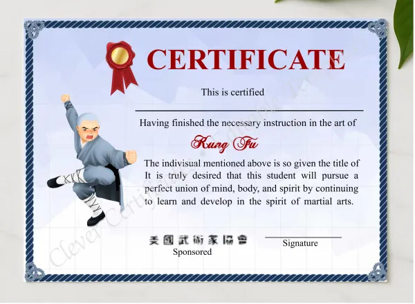 Customizable Shaolin Kung Fu Certificate presented in a sleek wooden frame, elegantly arranged on a stylish table.