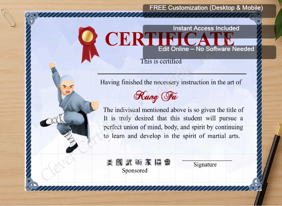 Zoomed preview with Free Editor badge stack for Customizable Shaolin Kung Fu Certificate