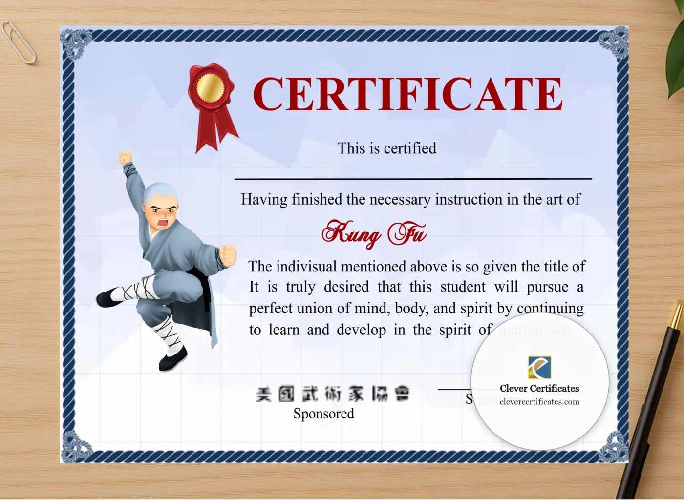 Professional preview of Customizable Shaolin Kung Fu Certificate certificate on high-quality stationery paper, ideal for showcasing the final look.