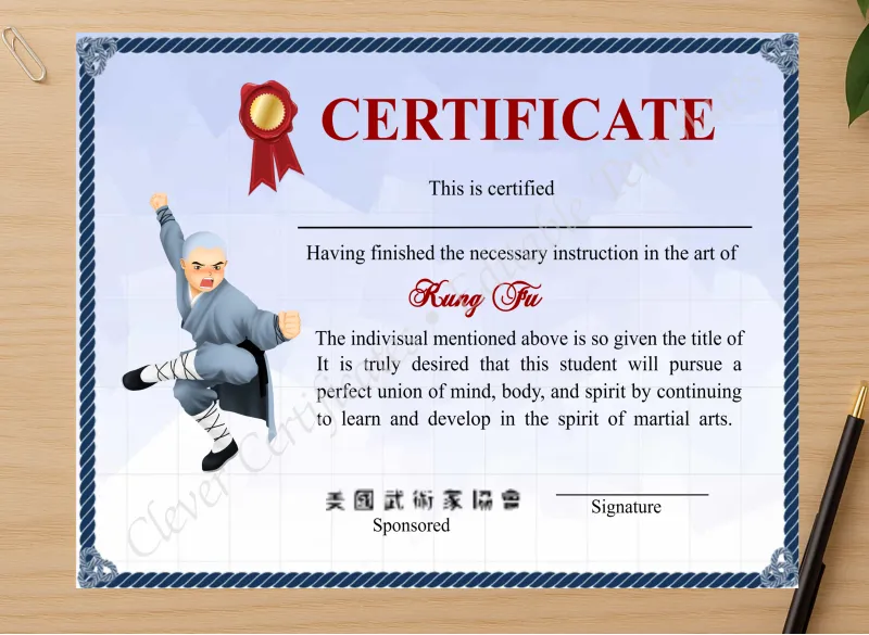Professional preview of Customizable Shaolin Kung Fu Certificate certificate on high-quality stationery paper, ideal for showcasing the final look.