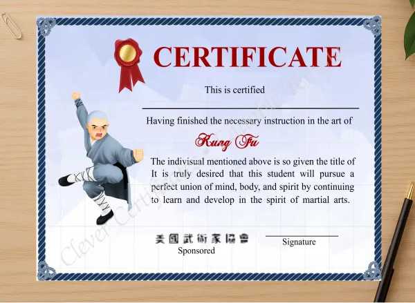 Professional preview of Customizable Shaolin Kung Fu Certificate certificate on high-quality stationery paper, ideal for showcasing the final look.