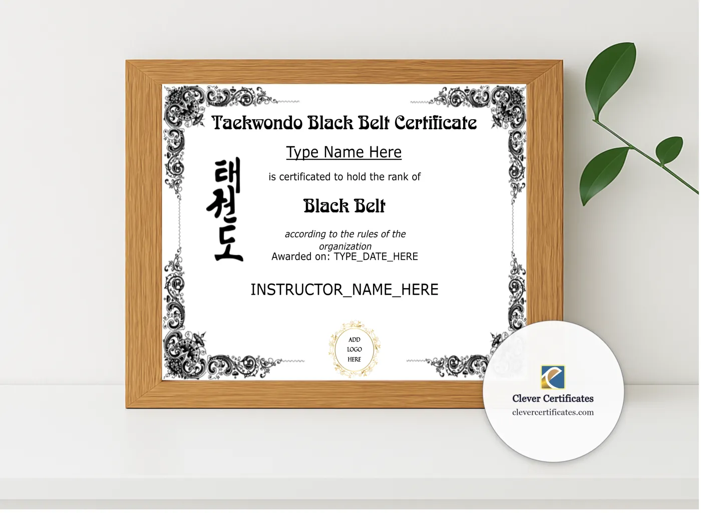 Realistic mockup featuring Taekwondo Black Belt Certificate displayed within a modern frame, set against a minimalistic background.