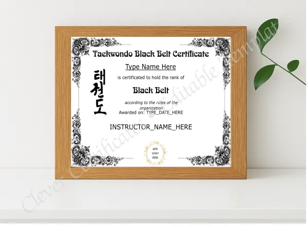 Realistic mockup featuring Taekwondo Black Belt Certificate displayed within a modern frame, set against a minimalistic background.