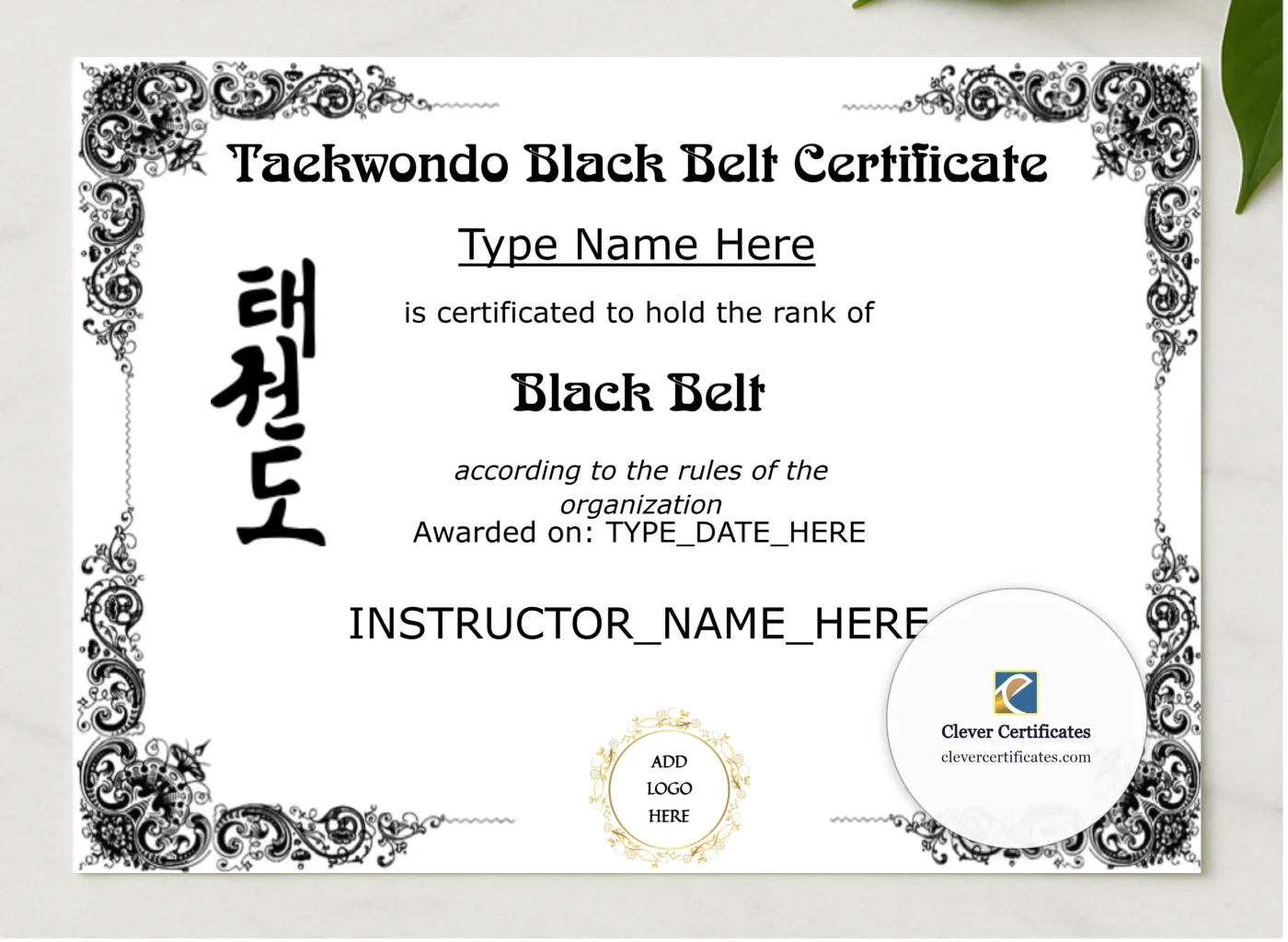 Taekwondo Black Belt Certificate presented in a sleek wooden frame, elegantly arranged on a stylish table.