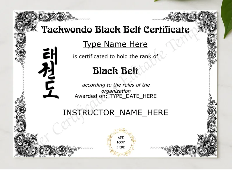 Taekwondo Black Belt Certificate presented in a sleek wooden frame, elegantly arranged on a stylish table.