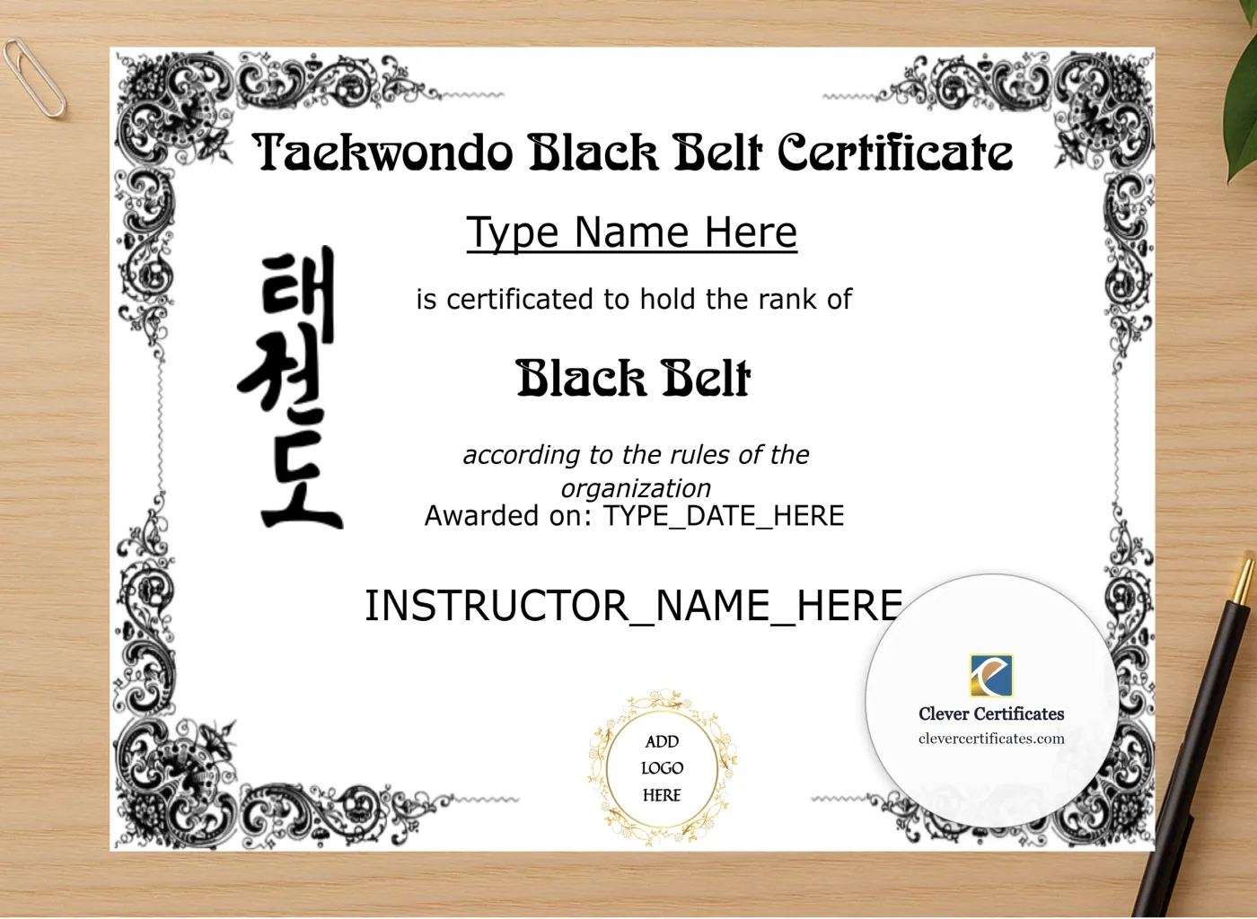 Professional preview of Taekwondo Black Belt Certificate certificate on high-quality stationery paper, ideal for showcasing the final look.