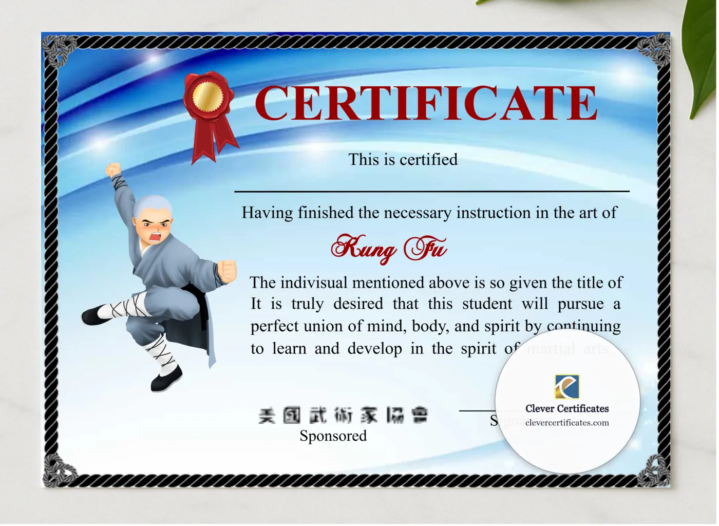 Modern Shaolin Kung Fu Certificate presented in a sleek wooden frame, elegantly arranged on a stylish table.