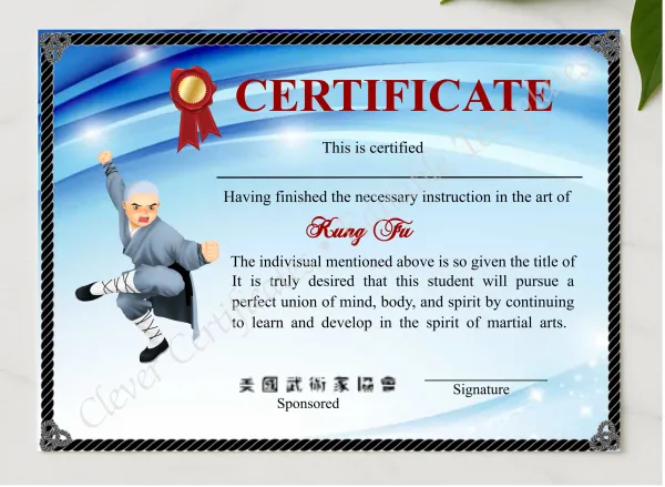 Modern Shaolin Kung Fu Certificate presented in a sleek wooden frame, elegantly arranged on a stylish table.