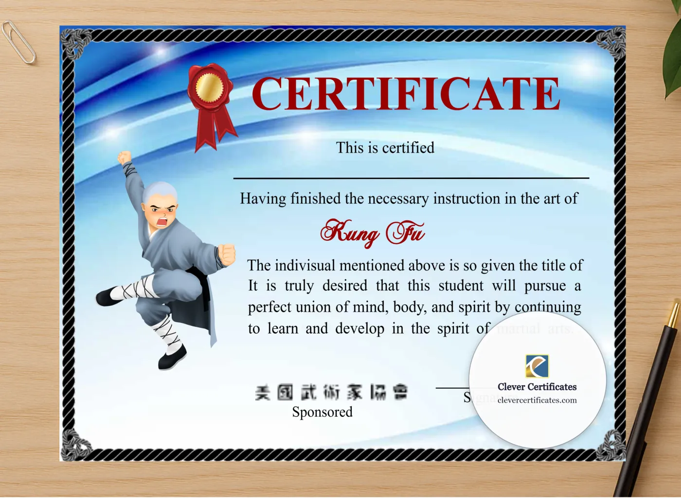 Professional preview of Modern Shaolin Kung Fu Certificate certificate on high-quality stationery paper, ideal for showcasing the final look.