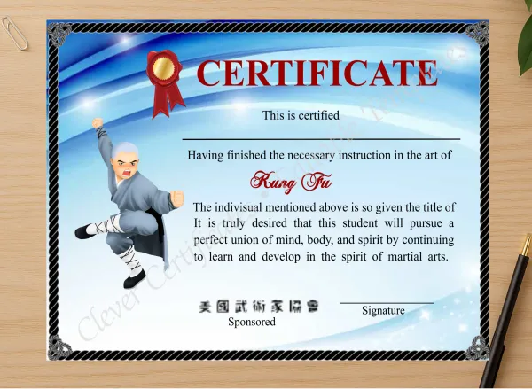 Professional preview of Modern Shaolin Kung Fu Certificate certificate on high-quality stationery paper, ideal for showcasing the final look.