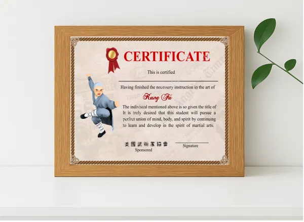 Realistic mockup featuring Professional Shaolin Kung Fu Certificate displayed within a modern frame, set against a minimalistic background.