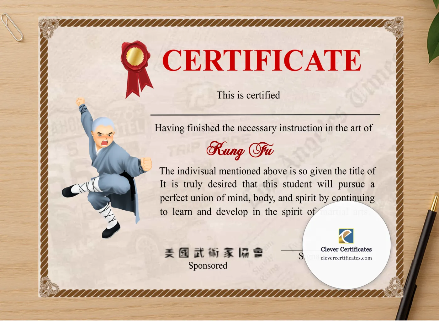 Professional preview of Professional Shaolin Kung Fu Certificate certificate on high-quality stationery paper, ideal for showcasing the final look.