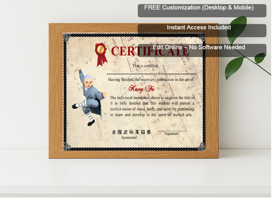 Premium mockup with Free Editor badge stack for Elegant Shaolin Kung Fu Certificate