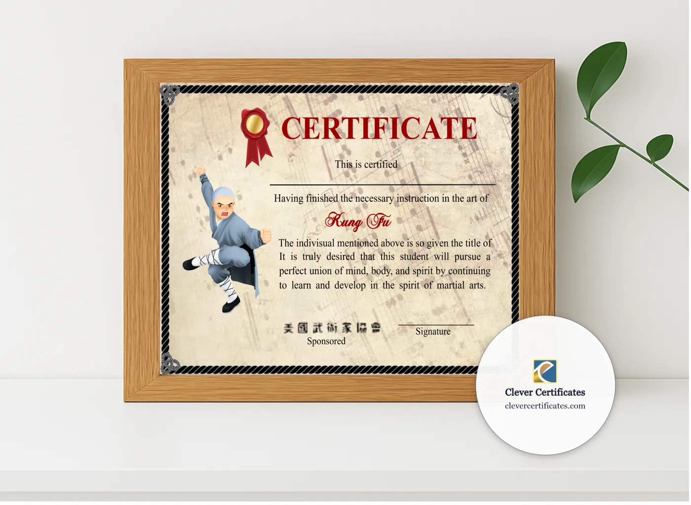 Realistic mockup featuring Elegant Shaolin Kung Fu Certificate displayed within a modern frame, set against a minimalistic background.