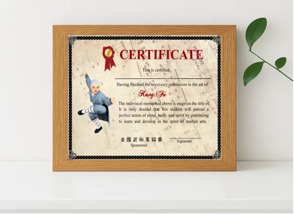 Realistic mockup featuring Elegant Shaolin Kung Fu Certificate displayed within a modern frame, set against a minimalistic background.