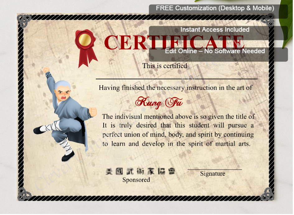Framed preview featuring Free Editor badge stack for Elegant Shaolin Kung Fu Certificate
