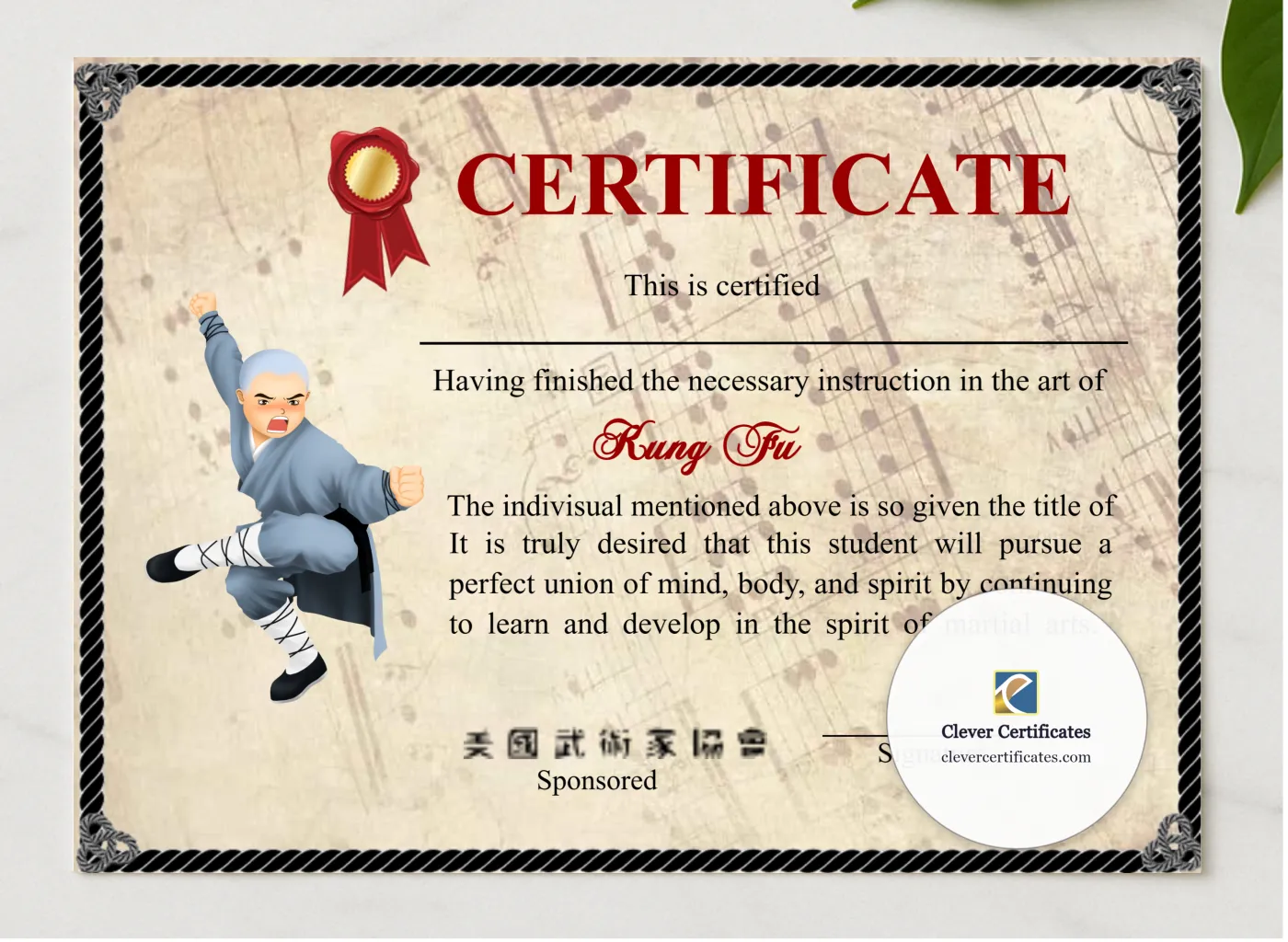 Elegant Shaolin Kung Fu Certificate presented in a sleek wooden frame, elegantly arranged on a stylish table.