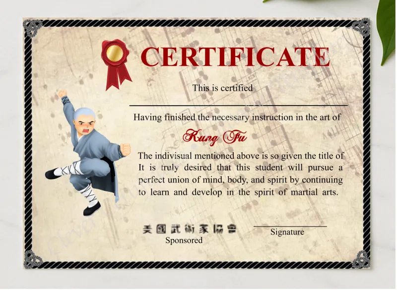 Elegant Shaolin Kung Fu Certificate presented in a sleek wooden frame, elegantly arranged on a stylish table.