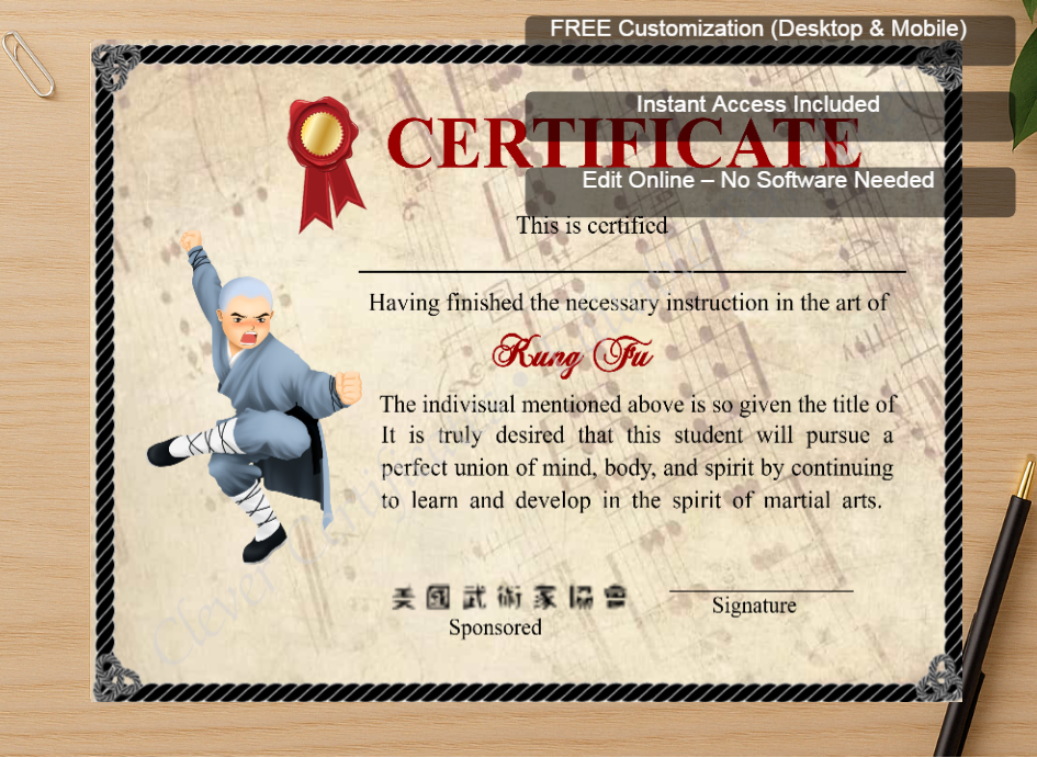 Zoomed preview with Free Editor badge stack for Elegant Shaolin Kung Fu Certificate