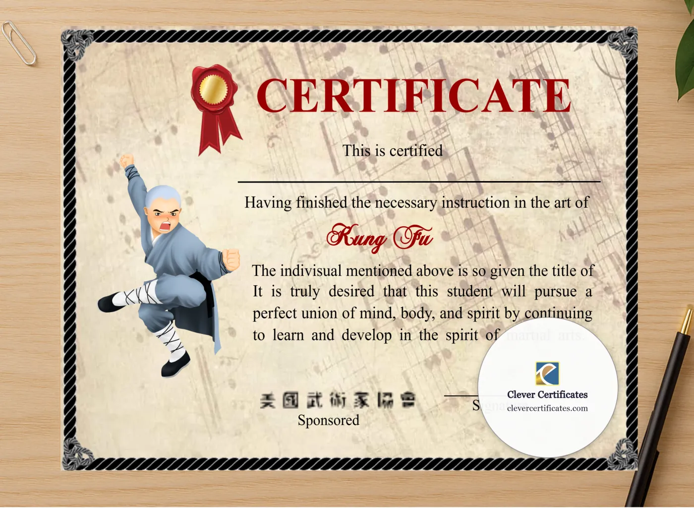 Professional preview of Elegant Shaolin Kung Fu Certificate certificate on high-quality stationery paper, ideal for showcasing the final look.